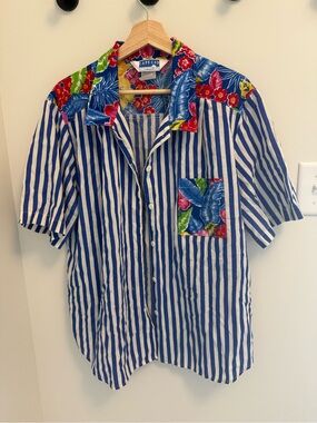 Vintage Cape Cod Sportswear Floral Striped Shirt 80s 90s Made in USA size M